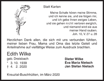 Traueranzeige von Edith Wilke von Siegener Zeitung