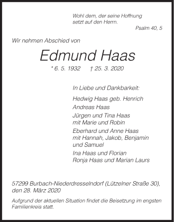 Traueranzeige von Edmund Haas von Siegener Zeitung