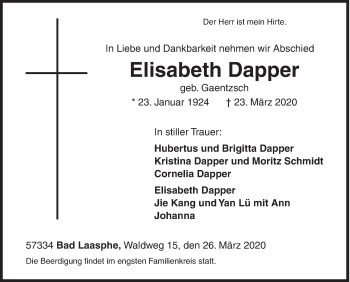 Traueranzeige von Elisabeth Dapper von Siegener Zeitung