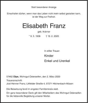 Traueranzeige von Elisabeth Franz von Siegener Zeitung