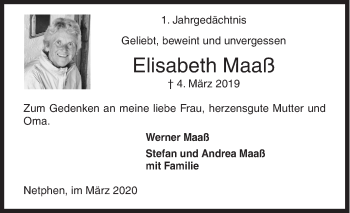 Traueranzeige von Elisabeth Maaß von Siegener Zeitung