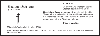 Traueranzeige von Elisabeth Schnautz von Siegener Zeitung