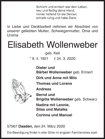 Traueranzeige von Elisabeth Wollenweber von Siegener Zeitung