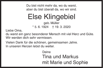 Traueranzeige von Else Klingebiel von Siegener Zeitung
