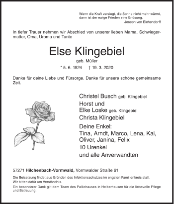 Traueranzeige von Else Klingebiel von Siegener Zeitung