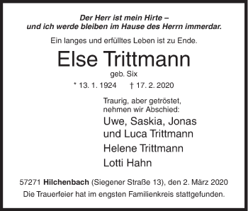 Traueranzeige von Else Trittmann von Siegener Zeitung