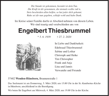 Traueranzeige von Engelbert Thiesbrummel von Siegener Zeitung