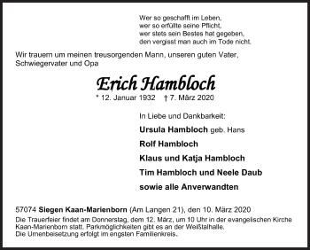 Traueranzeige von Erich Hambloch von Siegener Zeitung