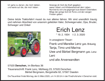 Traueranzeige von Erich Lenz von Siegener Zeitung