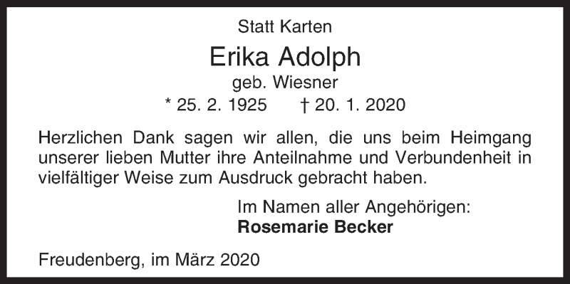 Traueranzeige für Erika Adolph vom 07.03.2020 aus Siegener Zeitung