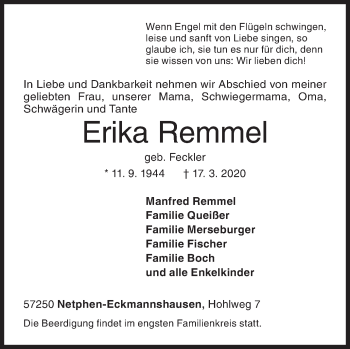 Traueranzeige von Erika Remmel von Siegener Zeitung