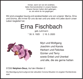 Traueranzeige von Erna Fischbach von Siegener Zeitung