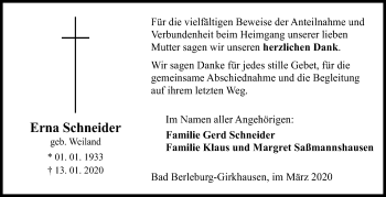 Traueranzeige von Erna Schneider von Siegener Zeitung