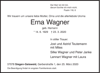 Traueranzeige von Erna Wagner von Siegener Zeitung