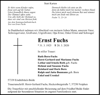 Traueranzeige von Ernst Fuchs von Siegener Zeitung
