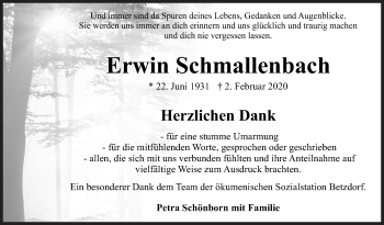 Traueranzeige von Erwin Schmallenbach von Siegener Zeitung