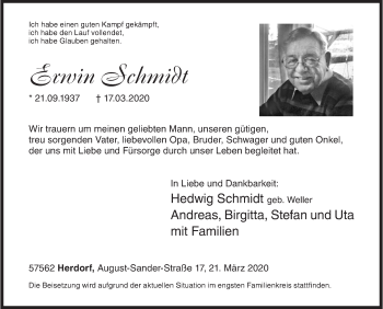 Traueranzeige von Erwin Schmidt von Siegener Zeitung