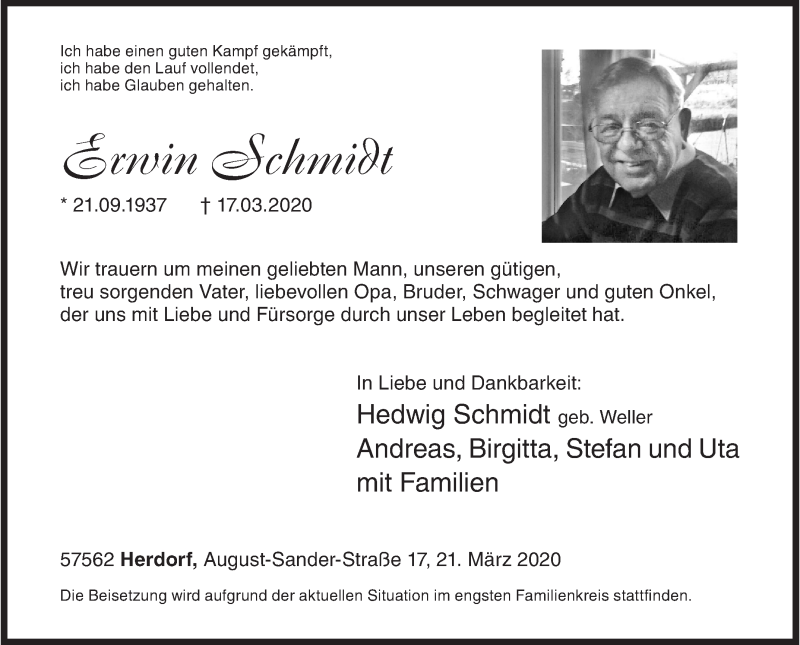  Traueranzeige für Erwin Schmidt vom 21.03.2020 aus Siegener Zeitung