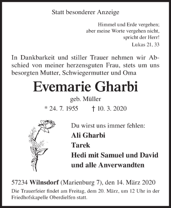 Traueranzeige von Evemarie Gharbi von Siegener Zeitung