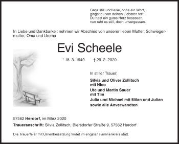Traueranzeige von Evi Scheele von Siegener Zeitung