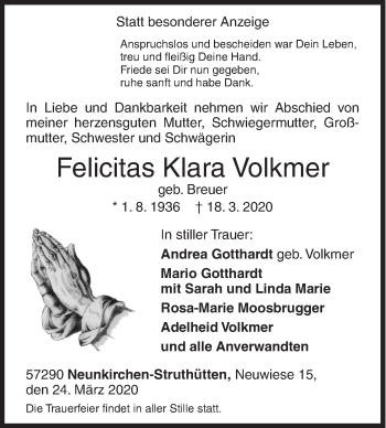 Traueranzeige von Felicitas Klara Volkmer von Siegener Zeitung