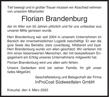 Traueranzeige von Florian Brandenburg von Siegener Zeitung