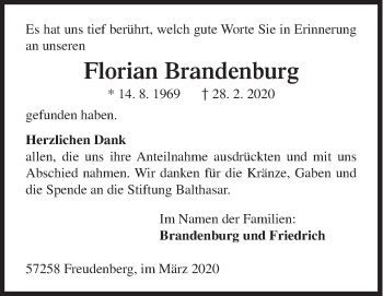 Traueranzeige von Florian Brandenburg von Siegener Zeitung