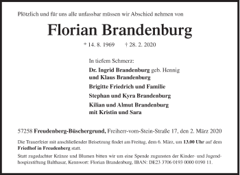 Traueranzeige von Florian Brandenburg von Siegener Zeitung