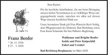 Traueranzeige von Franz Benfer von Siegener Zeitung