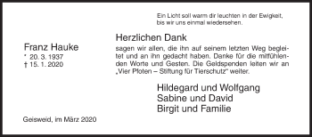 Traueranzeige von Franz Hauke von Siegener Zeitung