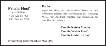 Traueranzeige von Frieda Hoof von Siegener Zeitung