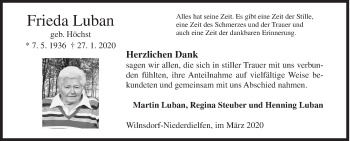 Traueranzeige von Frieda Luban von Siegener Zeitung