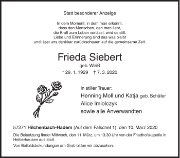 Traueranzeige von Frieda Siebert von Siegener Zeitung