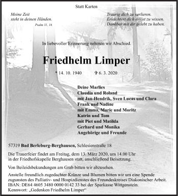 Traueranzeige von Friedhelm Limper von Siegener Zeitung