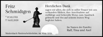 Traueranzeige von Fritz Schmidtgen von Siegener Zeitung