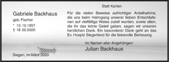 Traueranzeige von Gabriele Backhaus von Siegener Zeitung