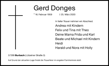 Traueranzeige von Gerd Donges von Siegener Zeitung