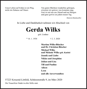 Traueranzeige von Gerda Wilks von Siegener Zeitung