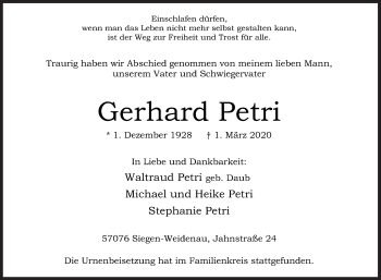 Traueranzeige von Gerhard Petri von Siegener Zeitung