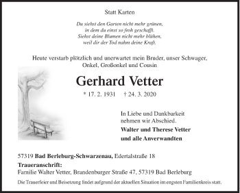 Traueranzeige von Gerhard Vetter von Siegener Zeitung