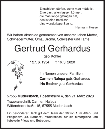 Traueranzeige von Gertrud Gerhardus von Siegener Zeitung