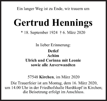 Traueranzeige von Gertrud Hennings von Siegener Zeitung