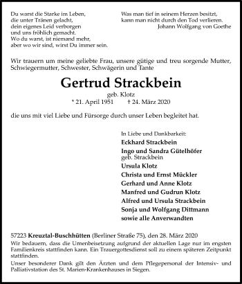 Traueranzeige von Gertrud Strackbein von Siegener Zeitung