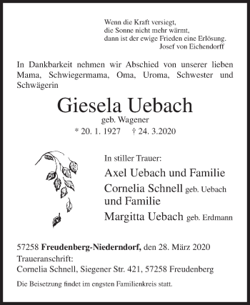 Traueranzeige von Giesela Uebach von Siegener Zeitung