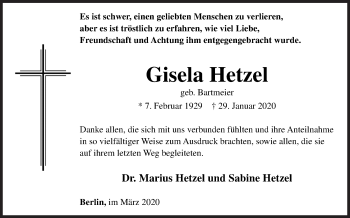 Traueranzeige von Gisela Hetzel von Siegener Zeitung