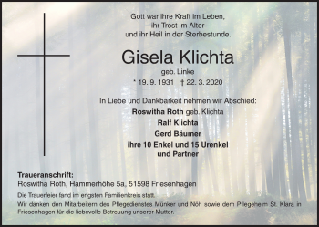 Traueranzeige von Gisela Klichta von Siegener Zeitung