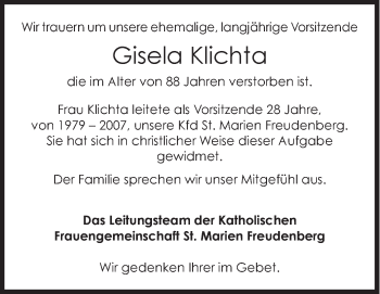 Traueranzeige von Gisela Klichta von Siegener Zeitung
