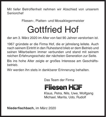 Traueranzeige von Gottfried Hof von Siegener Zeitung