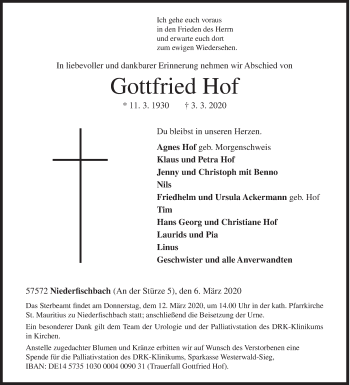 Traueranzeige von Gottfried Hof von Siegener Zeitung