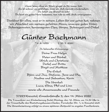 Traueranzeige von Günter Bachmann von Siegener Zeitung